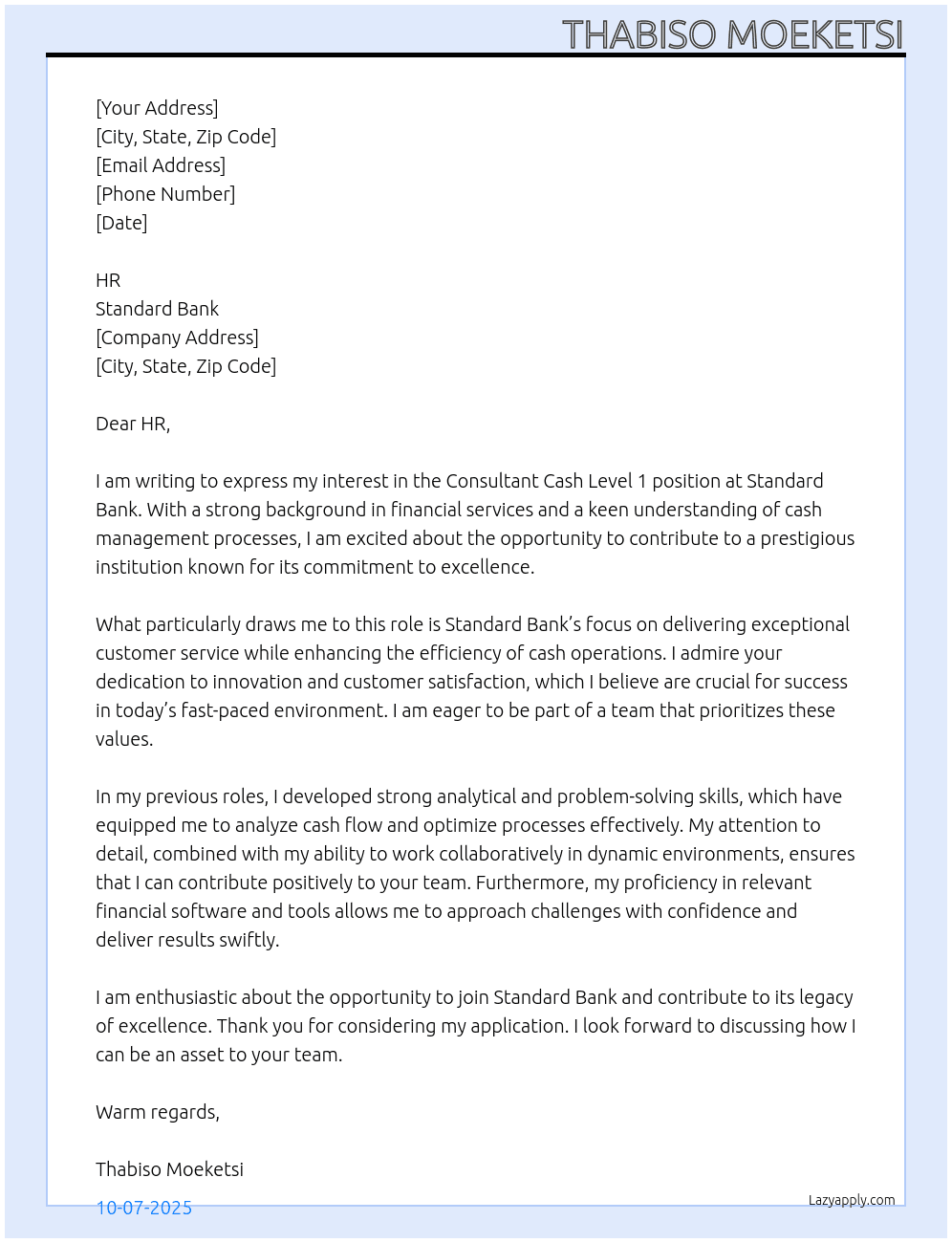 Consultant Cash Level 1 At Standard Bank Cover Letter