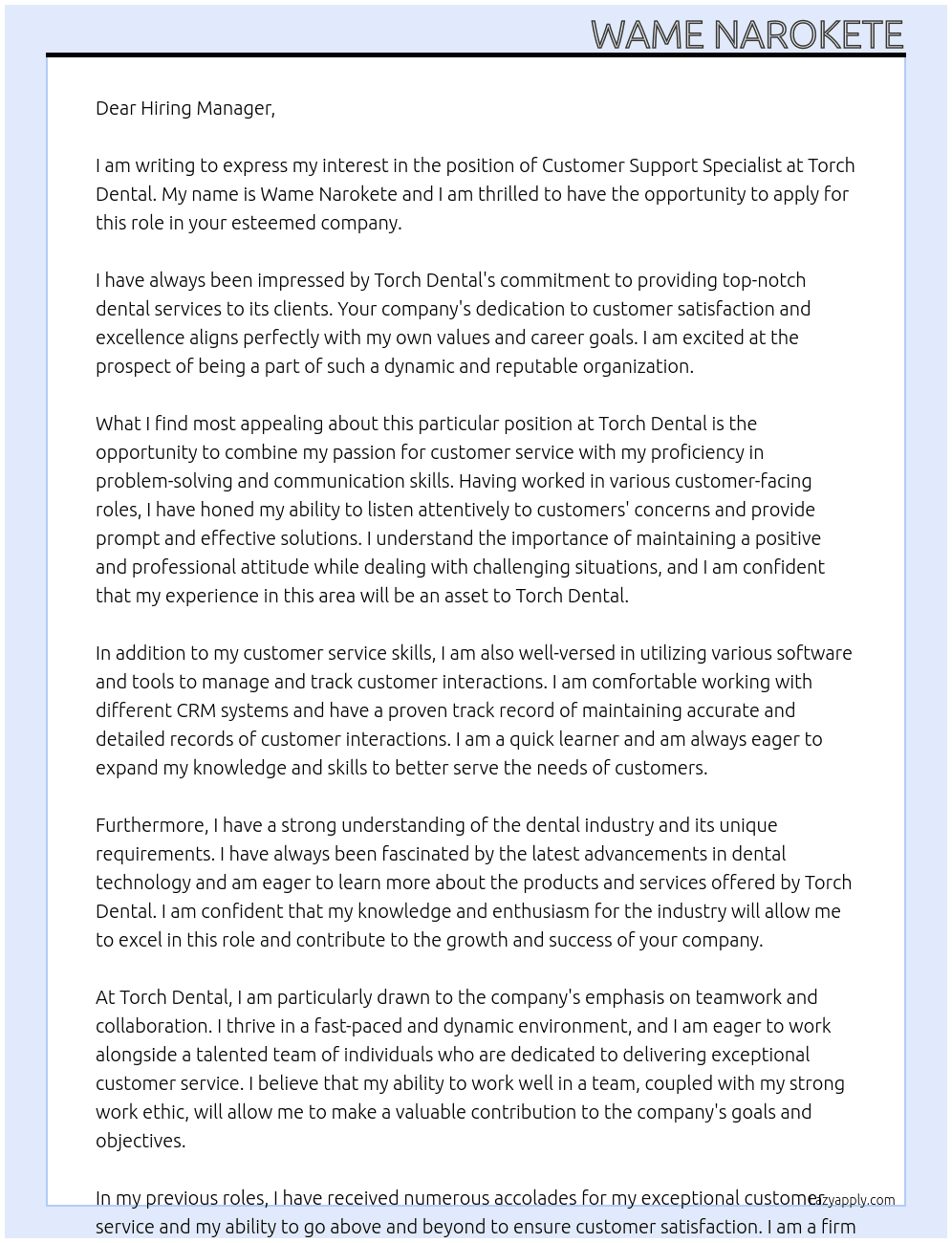 Customer Support Specialist At Torch Dental Cover Letter