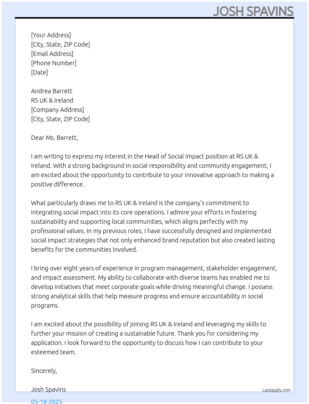 Head of Social Impact At RS UK & Ireland Cover Letter