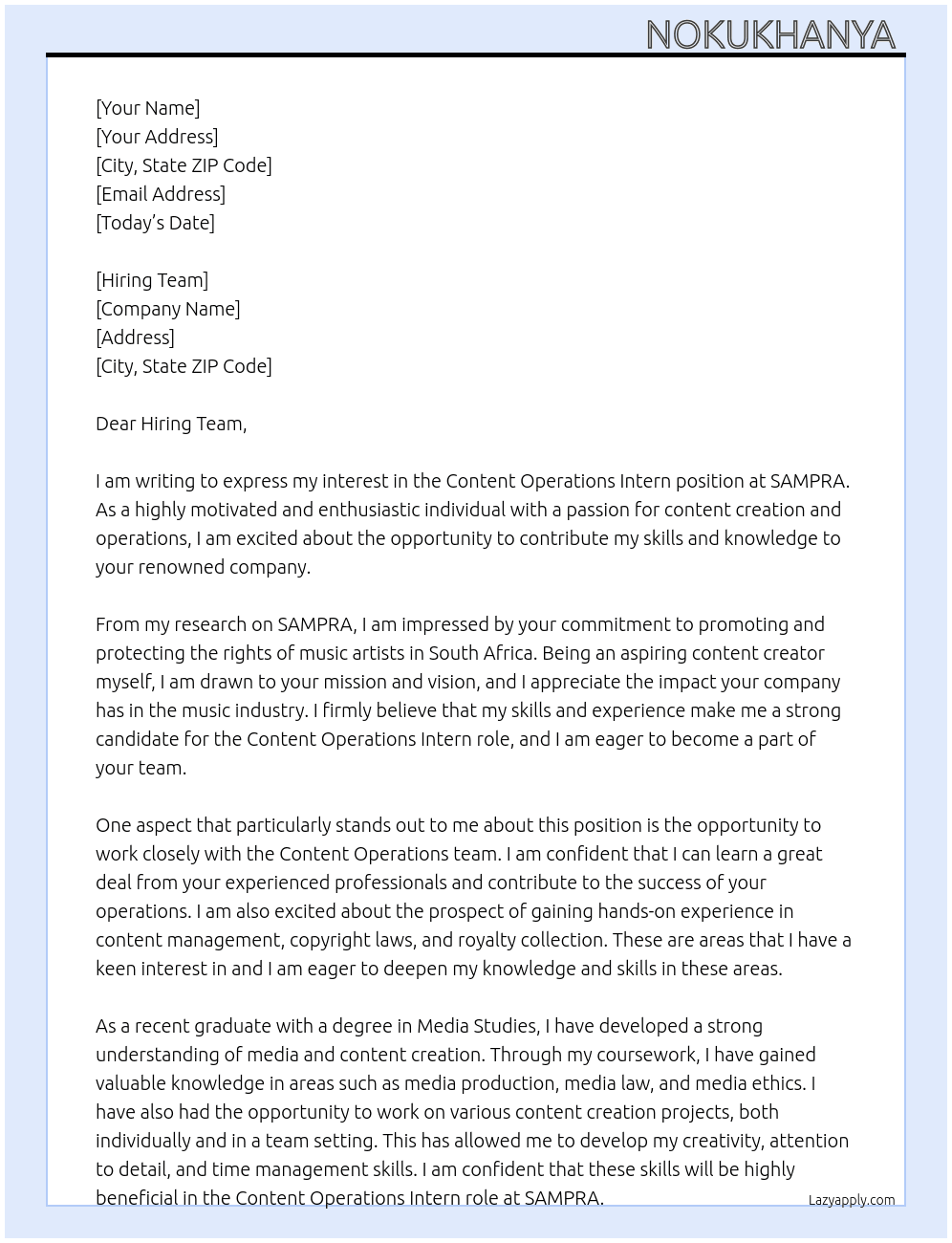 Content Operations Intern At SAMPRA Cover Letter