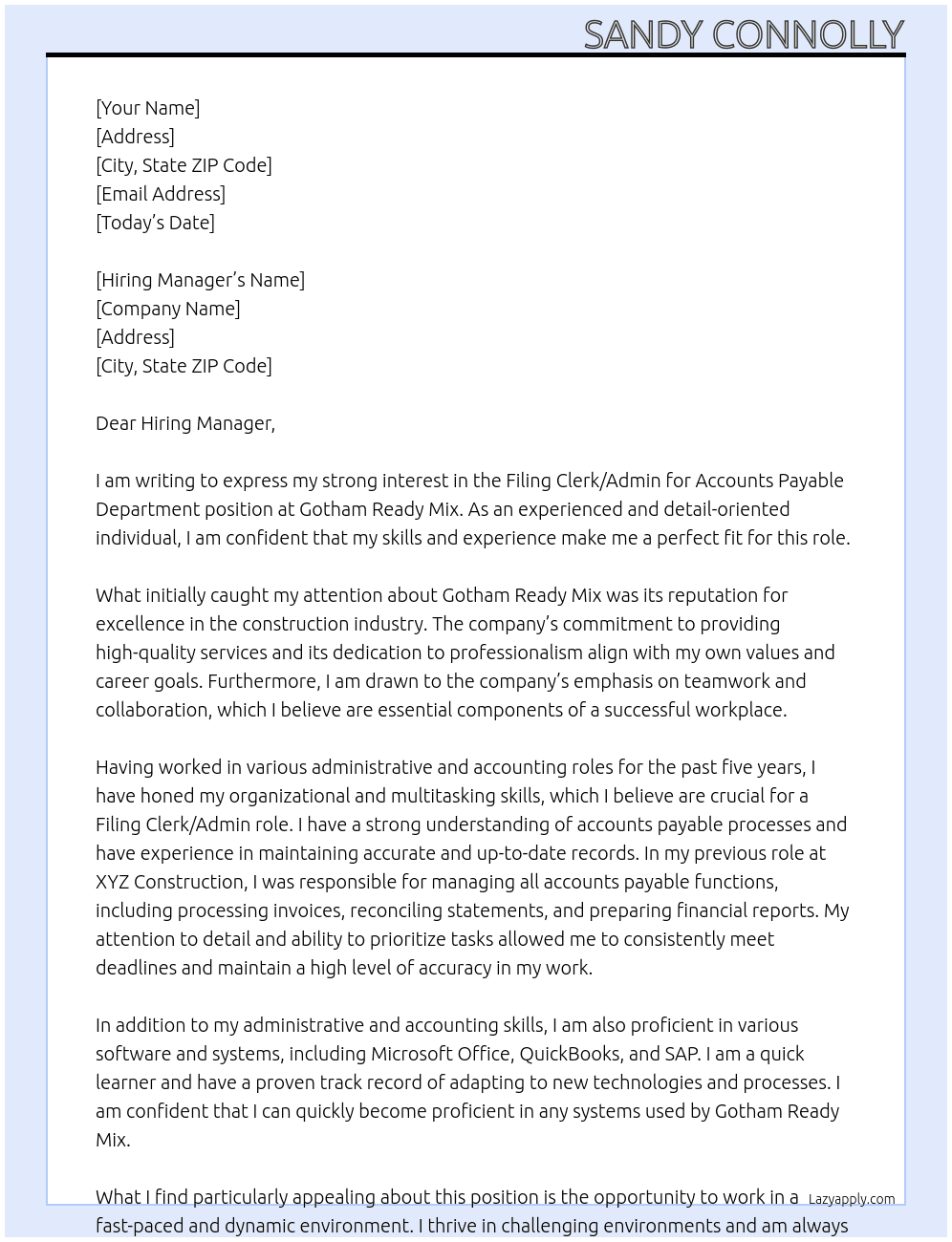 Filing Clerk/ Admin for Accounts Payable Department At  Gotham Ready Mix Cover Letter