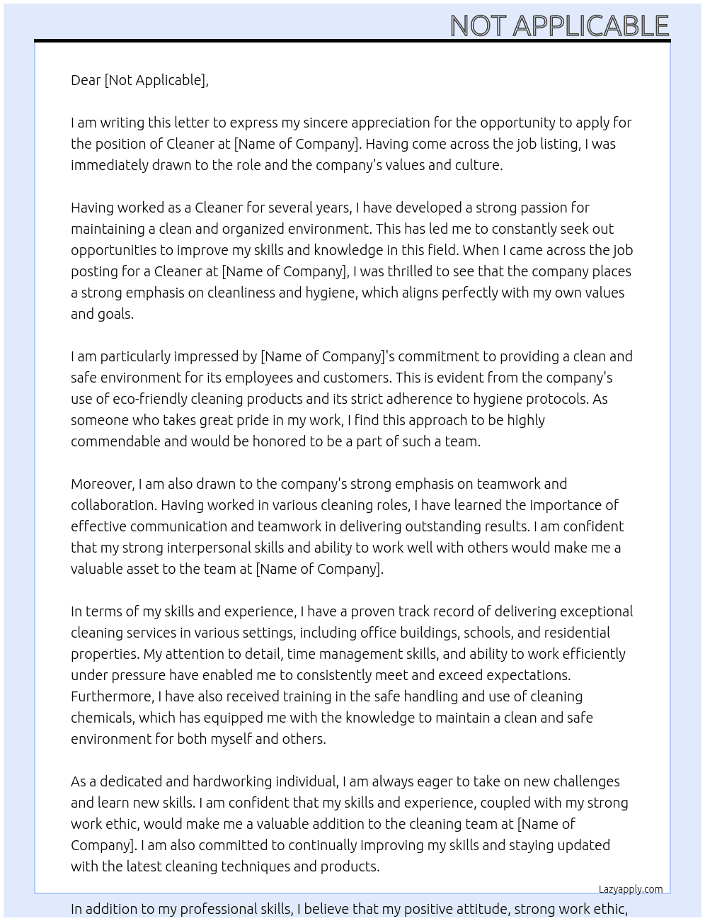 Cleaner At Not Applicable Cover Letter