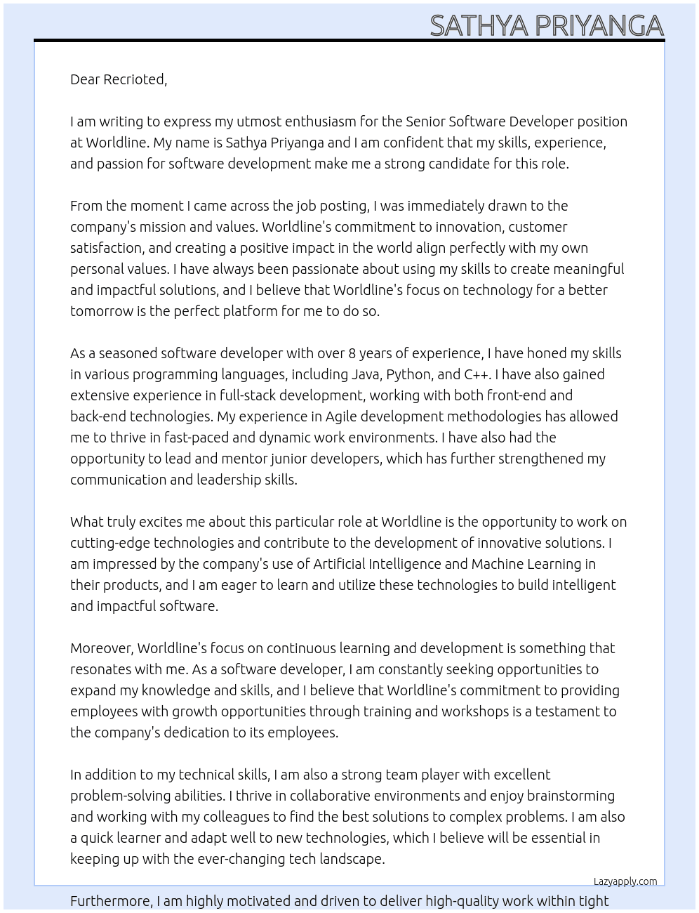 Senior Software Developer At worldline Cover Letter