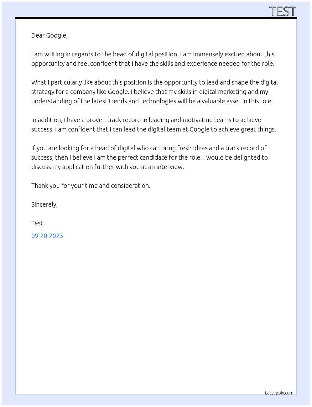 Head of digital  At Google  Cover Letter