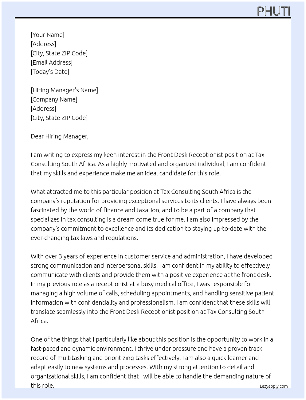 Front Desk Receptionist At  Tax Consulting South Africa Cover Letter