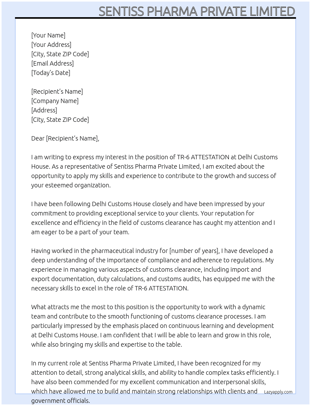 TR-6 ATTESTATION At DELHI CUSTOMS HOUSE Cover Letter