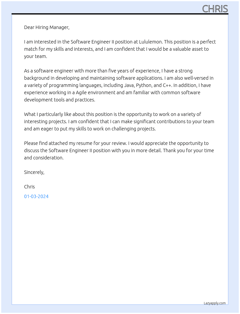 Software Engineer II At Lululemon Cover Letter