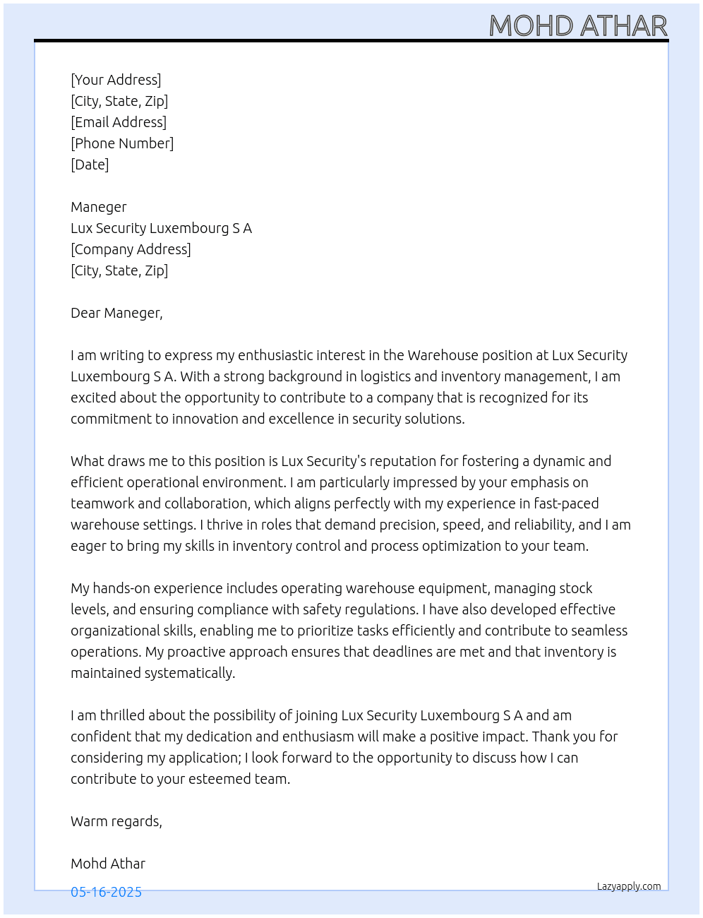 Cover letter for werehouse - LazyApply