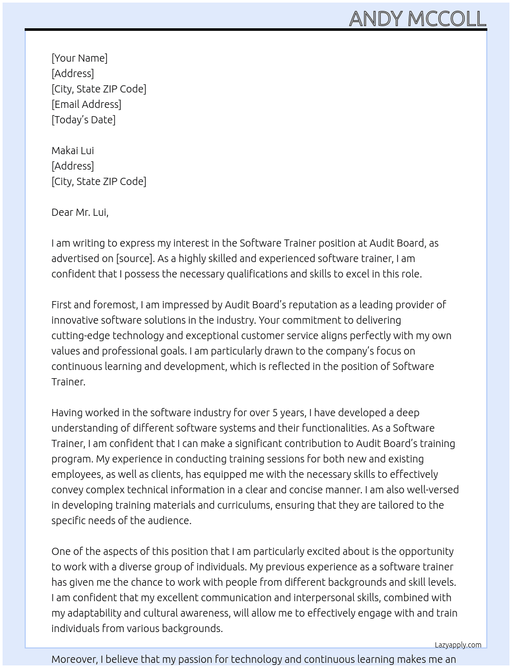 Software Trainer At Audit Board Cover Letter