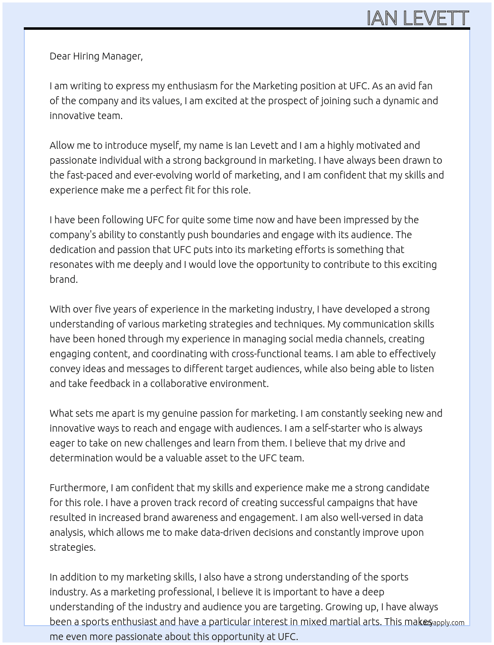 Marketing  At UFC Cover Letter