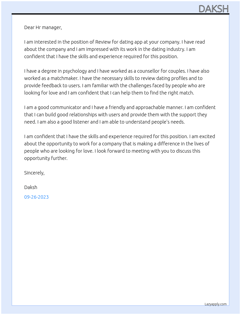 Review for dating app  At Dating company  Cover Letter