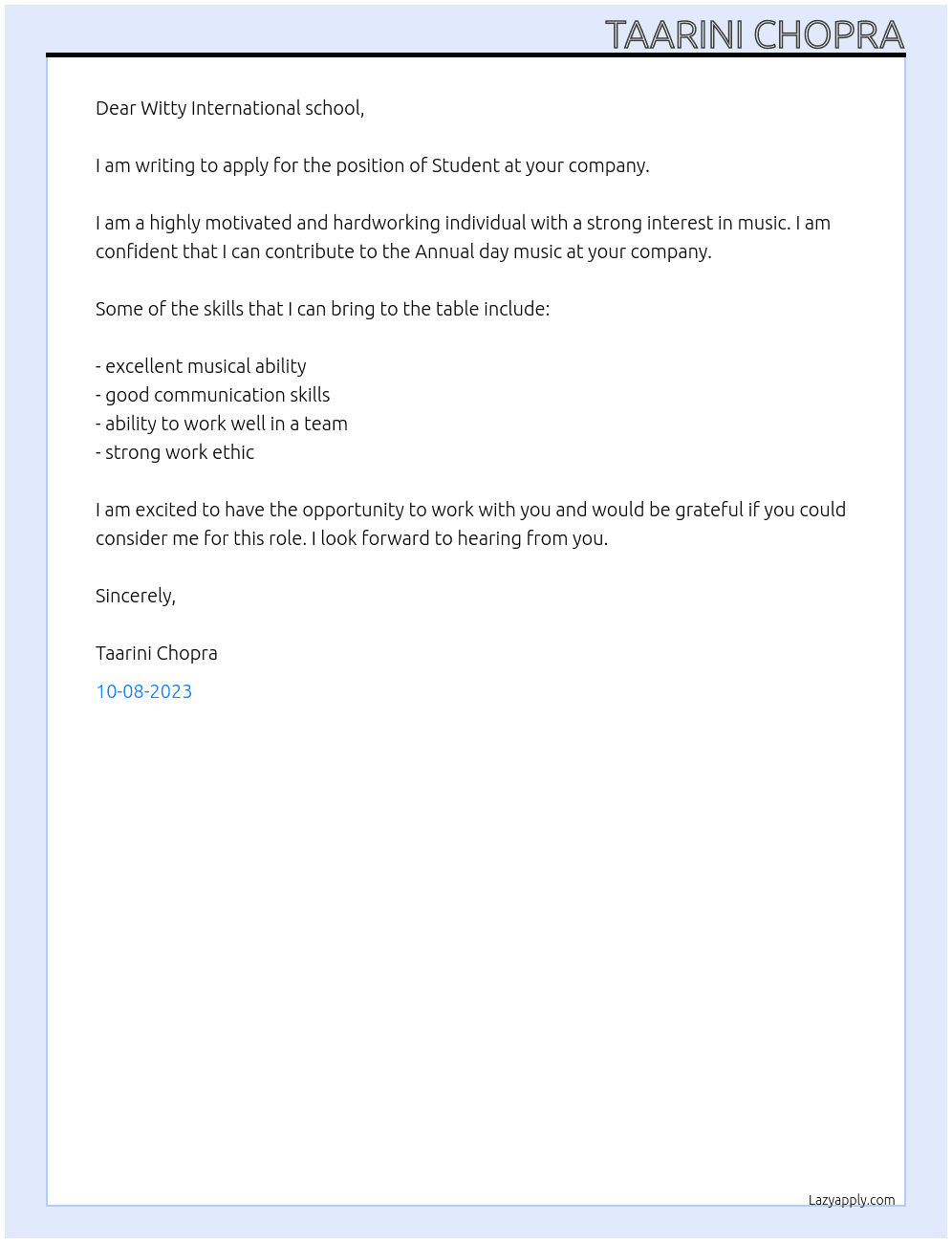 Student At I can participate in Annual day music.  Cover Letter