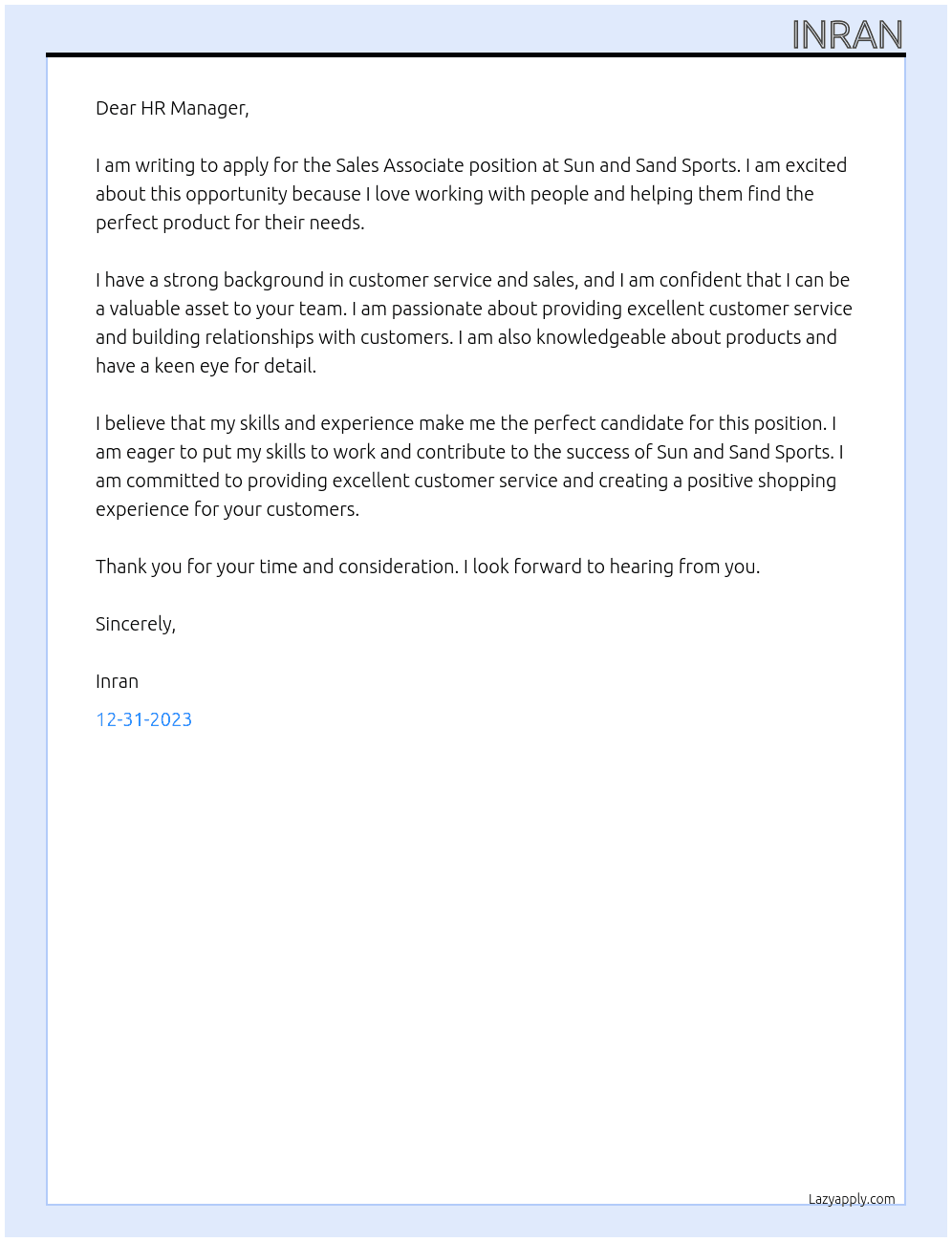 Sales associate  At Sun and sand sports Cover Letter