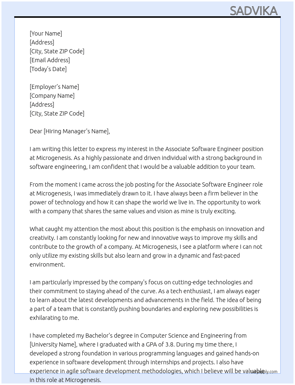 Associate software engineer  At Microgenesis Cover Letter
