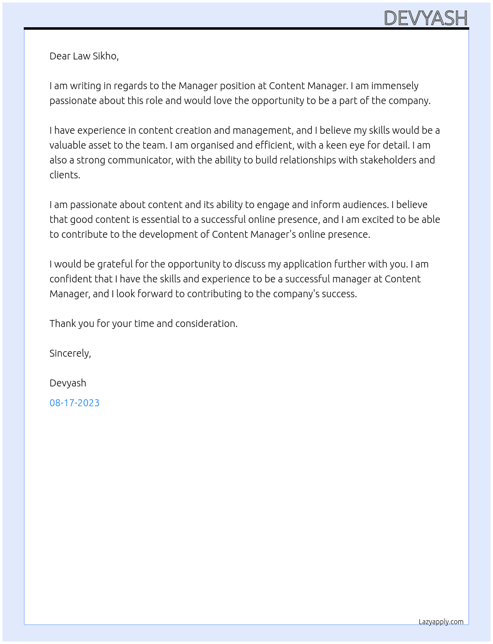 Manager At Content Manager  Cover Letter