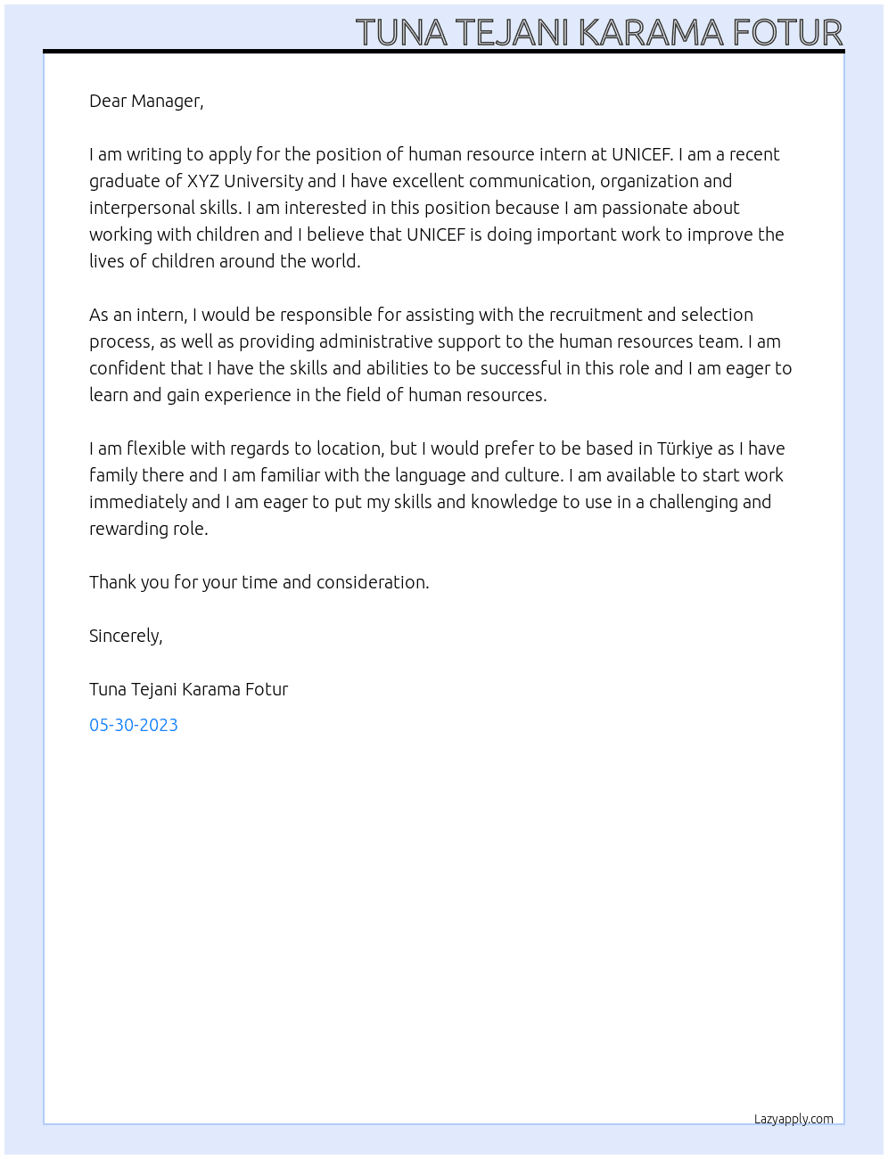 Human resource intern At UNICEF  Cover Letter