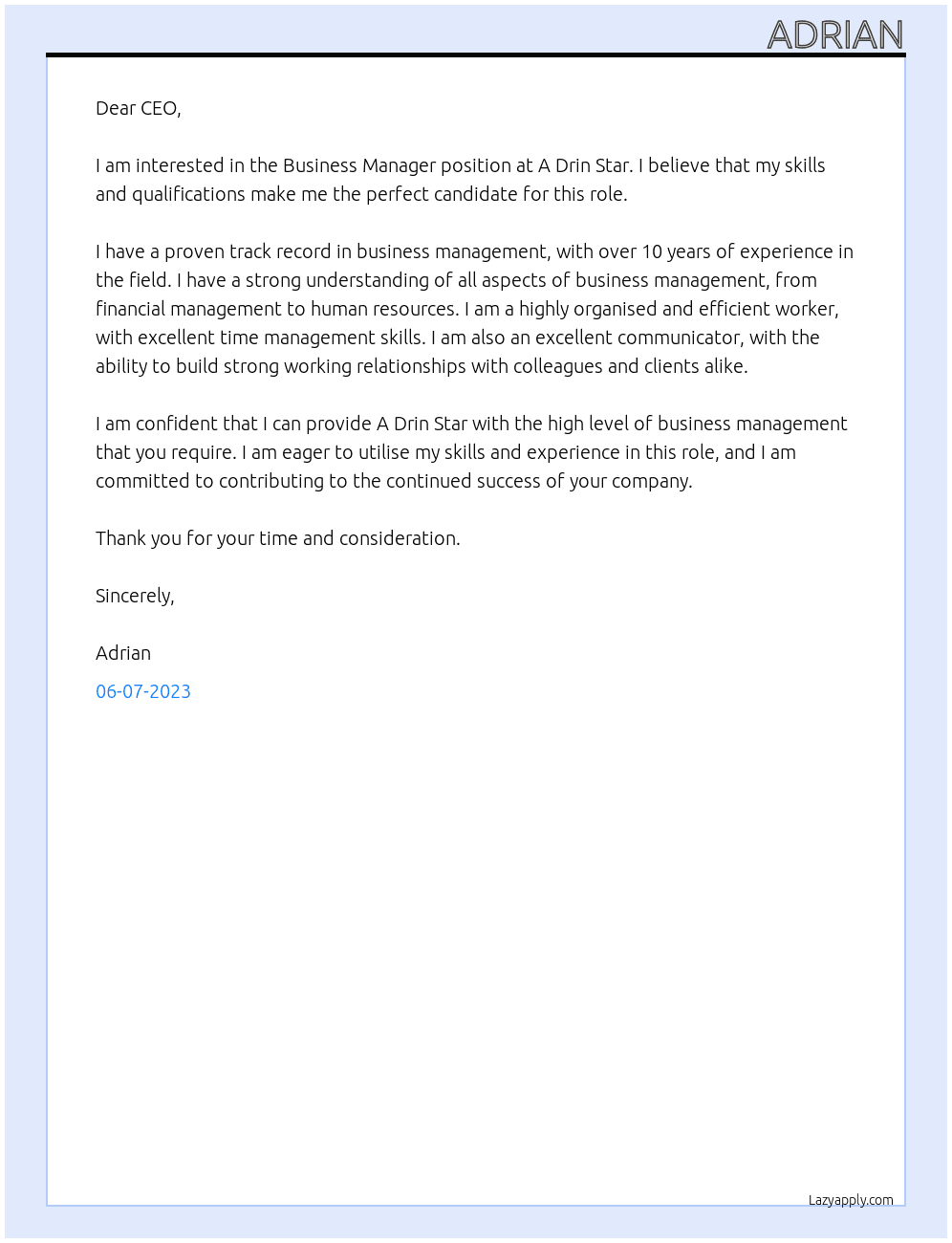 Bussines manager At A Drin Star Cover Letter
