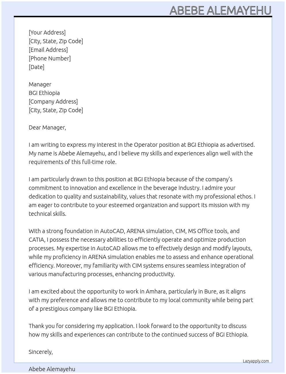 Operator  At BGI Ethiopia  Cover Letter