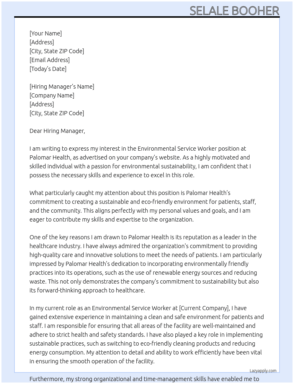 Environmental Service Worker At Palomar Health Cover Letter