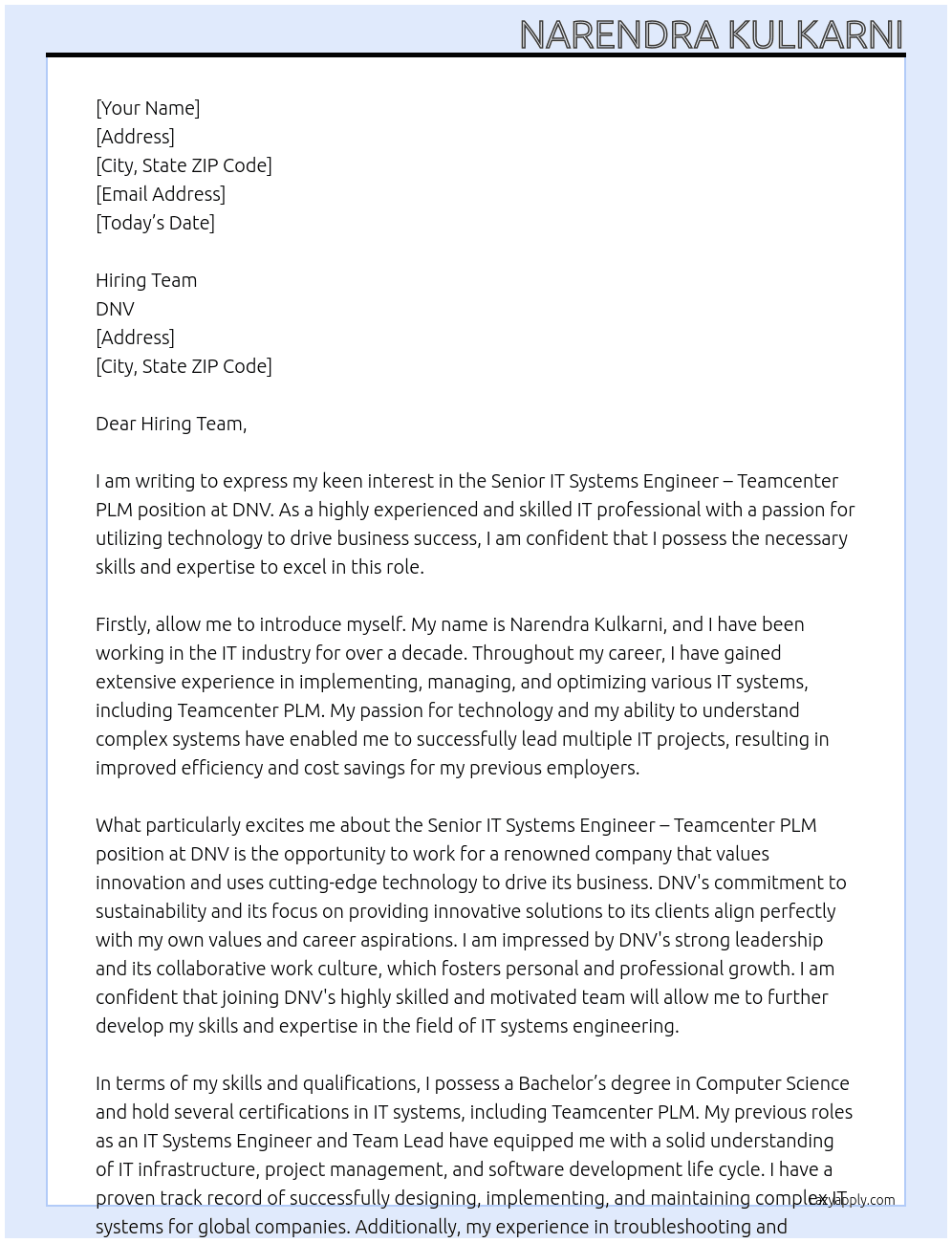 Senior IT Systems Engineer - Teamcenter PLM  At DNV Cover Letter