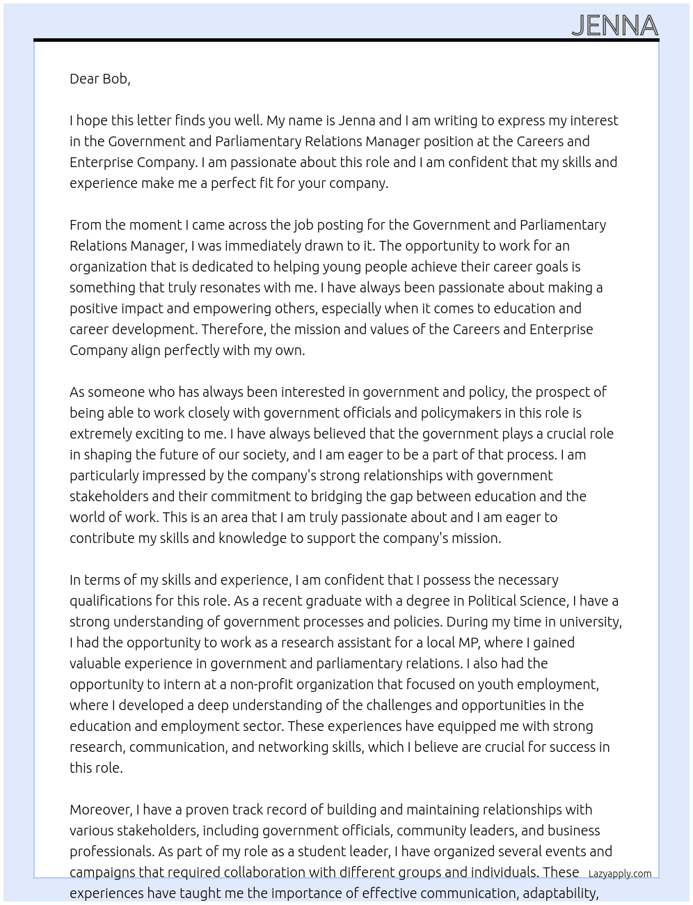 Government and Parliamentary Relations Manager At Careers and Enterprise Company Cover Letter