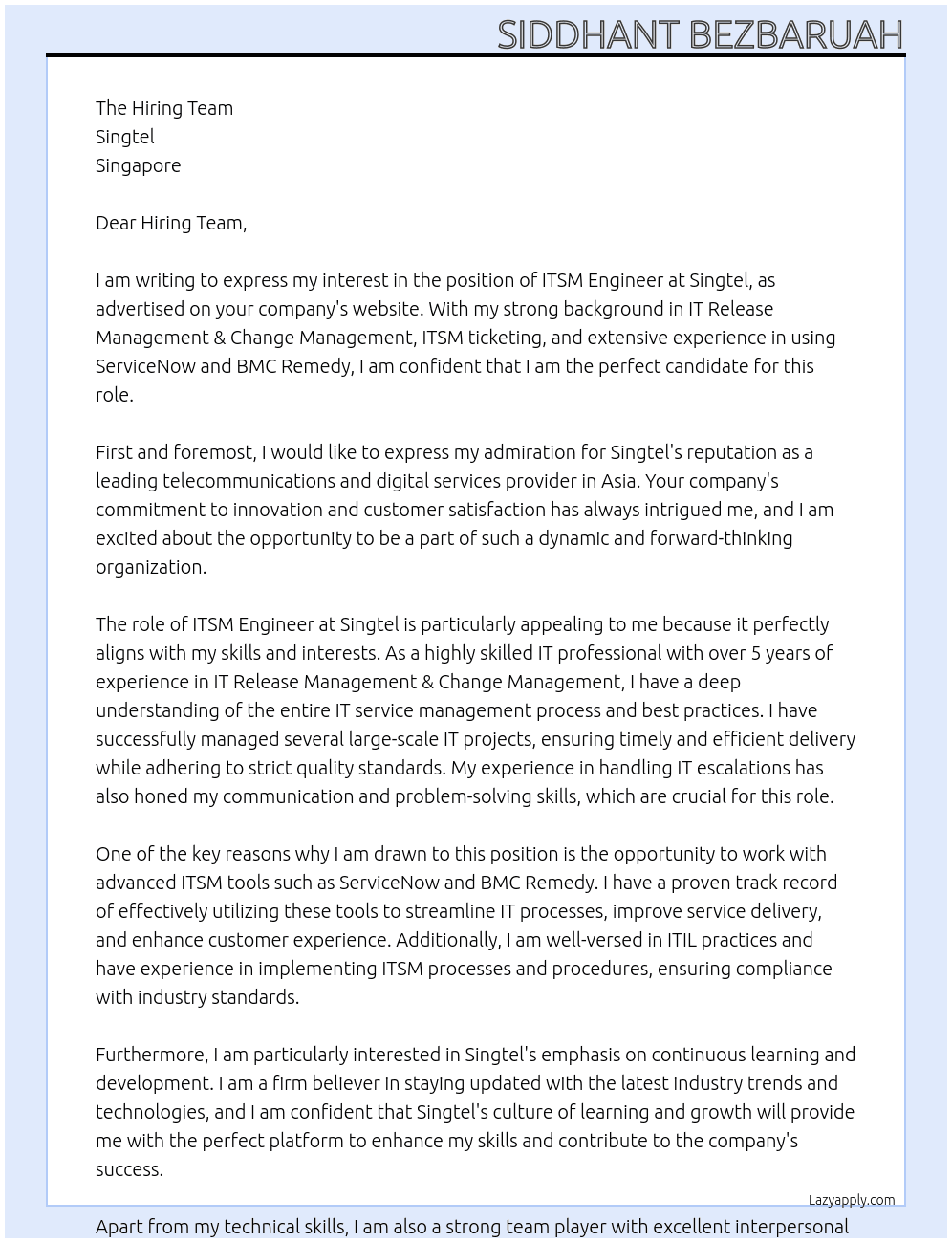 ITSM Engineer At Singtel Cover Letter