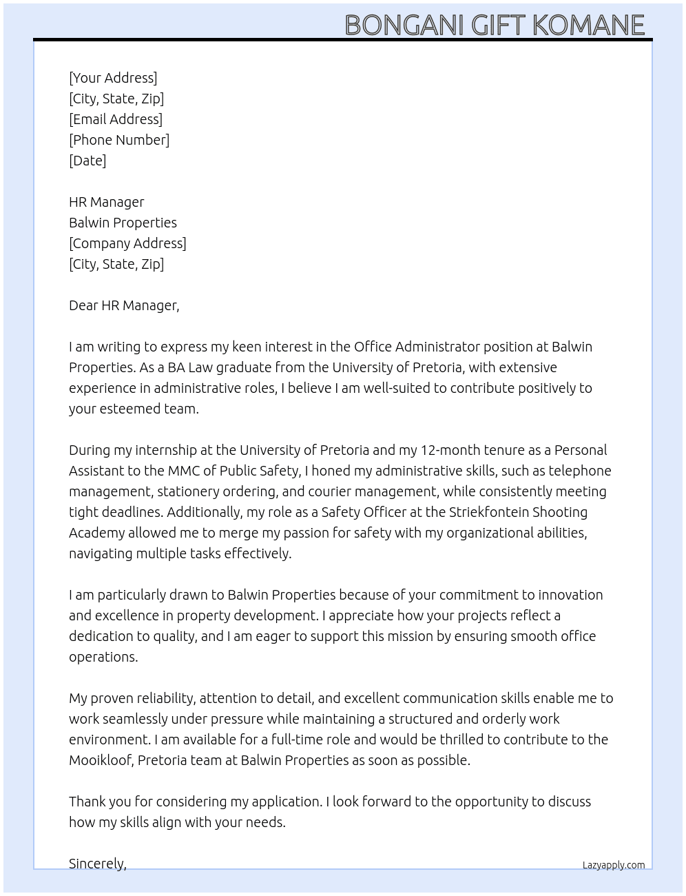 Office Administrator  At Balwin Properties  Cover Letter