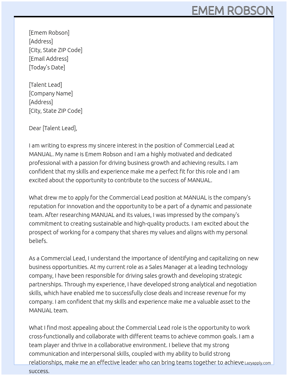 Commercial Lead At MANUAL Cover Letter