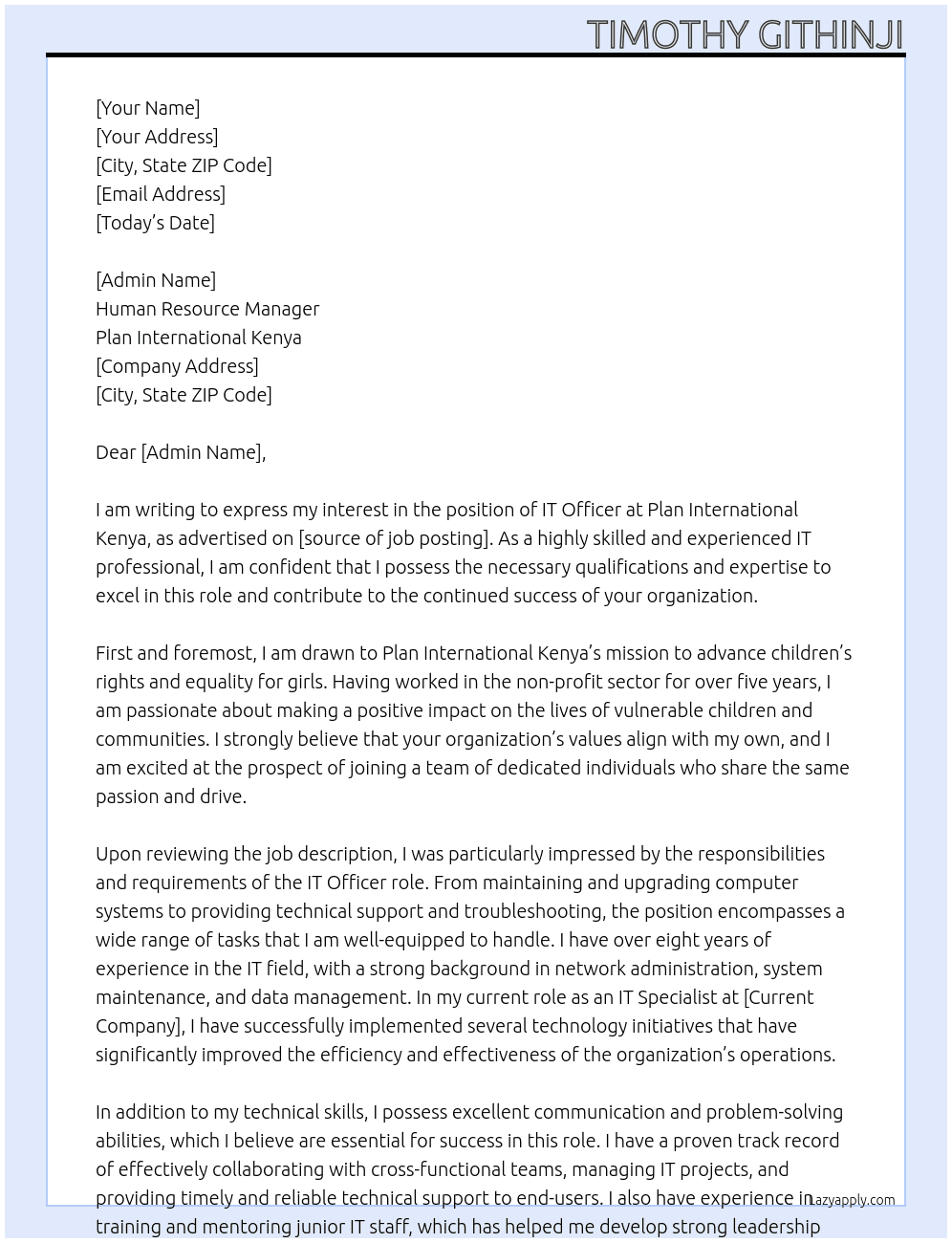 IT Officer At PLAN INTERNATIONAL KENYA  Cover Letter