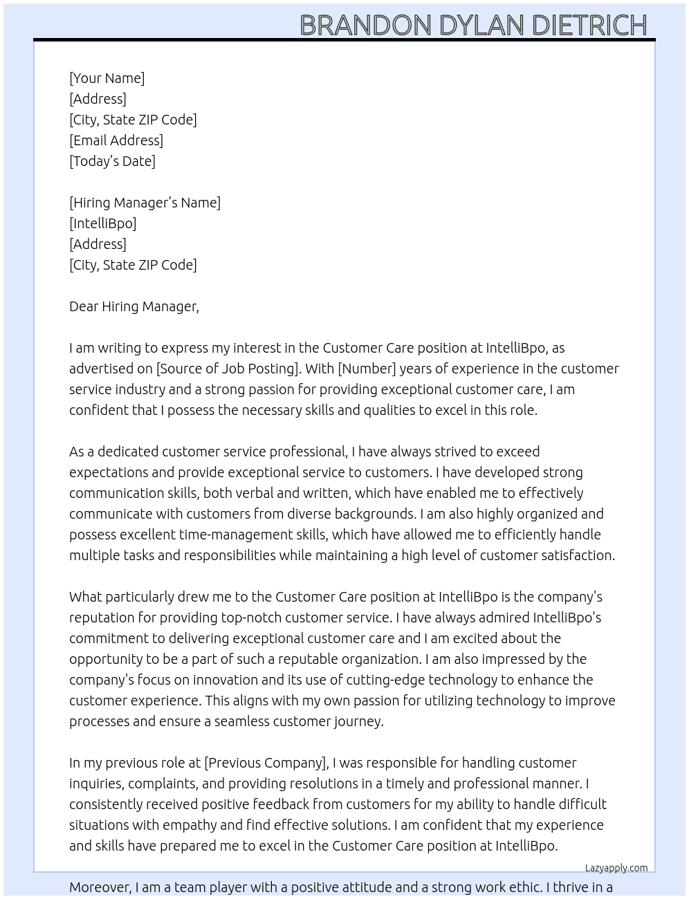 Customer Care At IntelliBpo Cover Letter