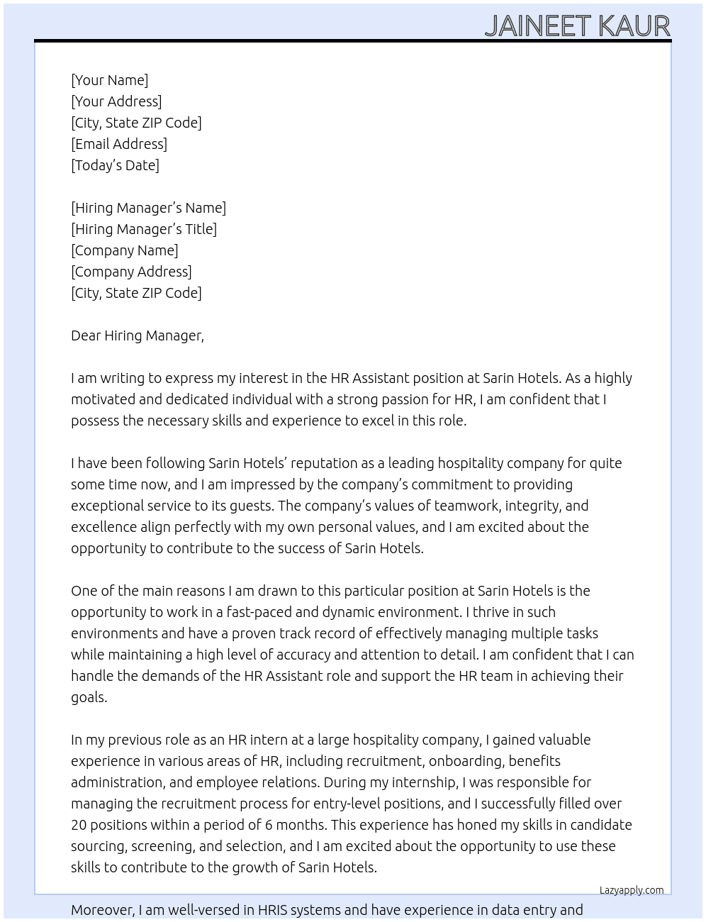 HR assistant  At Sarin Hotels Cover Letter