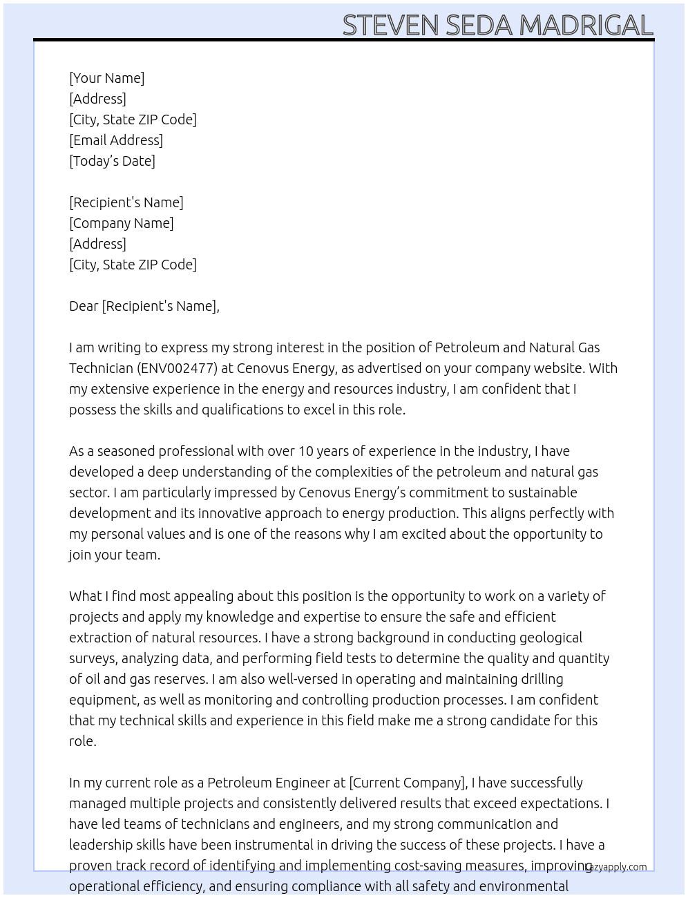Petroleum and Natural Gas Technician - ENV002477 At Cenovus Energy Cover Letter