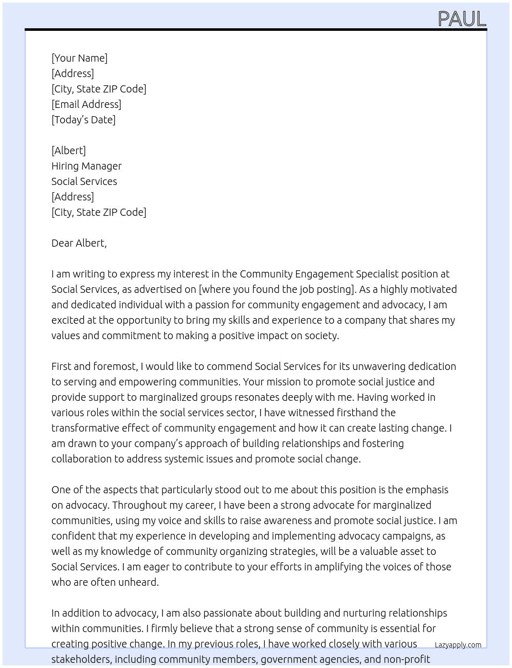 Community Engagement Specialist At Social Services Cover Letter