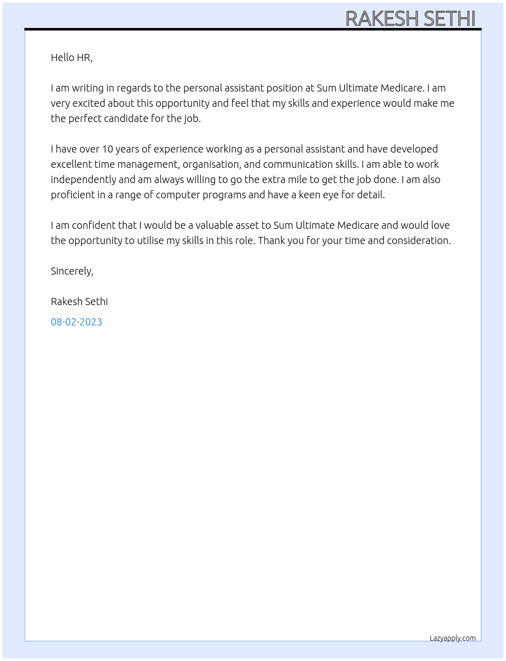 Personal Assistant  At Sum Ultimate Medicare  Cover Letter