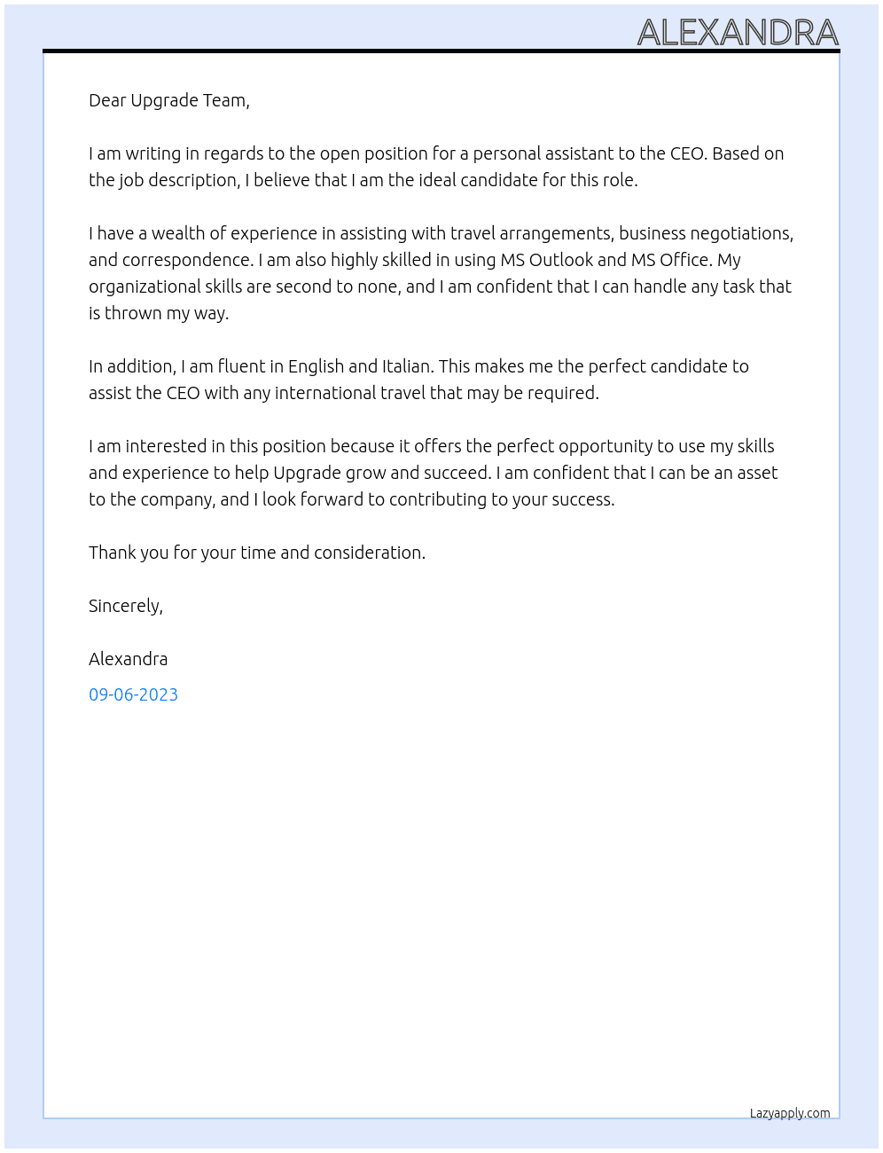 Personal assistant to the CEO At Upgrade Cover Letter