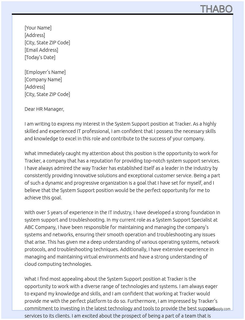 System Support At Tracker Cover Letter
