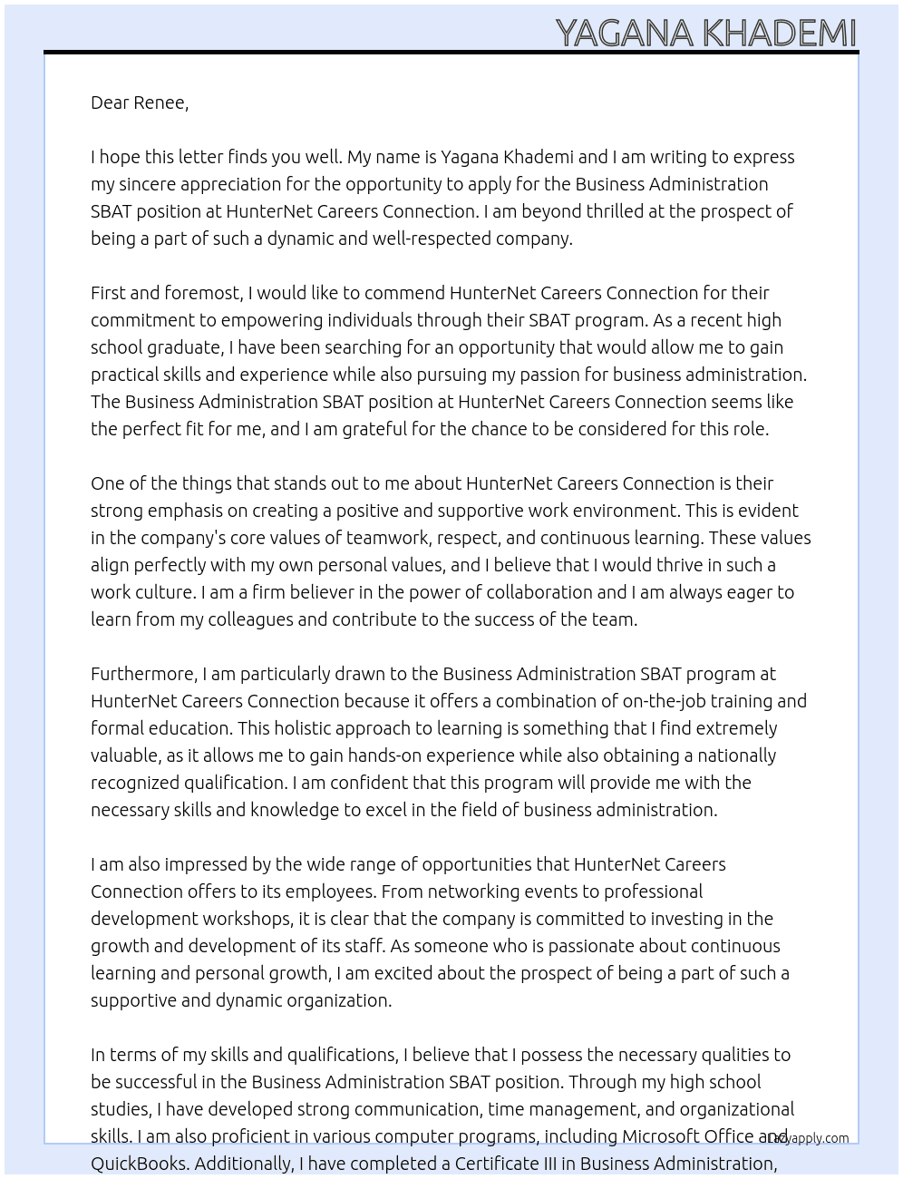 Business Administration SBAT At HunterNet Careers Connection Cover Letter