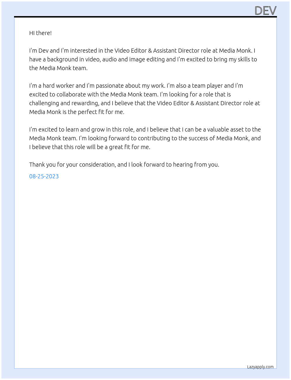 Video Editor & Assistant Director  At Media Monk Cover Letter