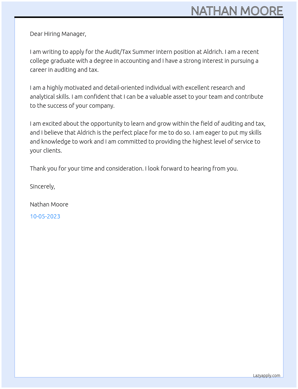 Audit/Tax Summer Intern At Aldrich Cover Letter