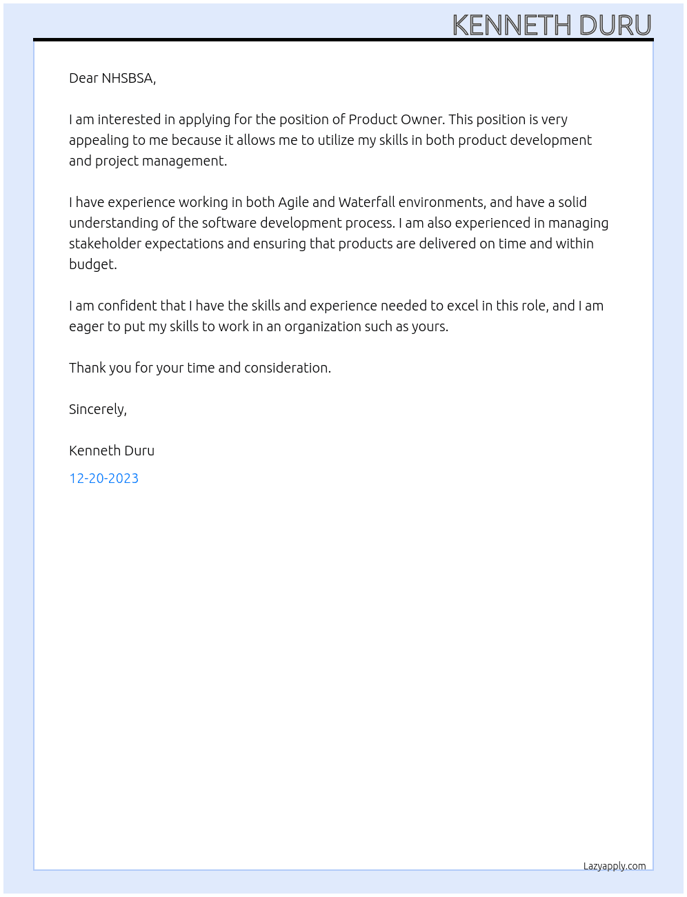 Product Owner At NHSBSA Cover Letter