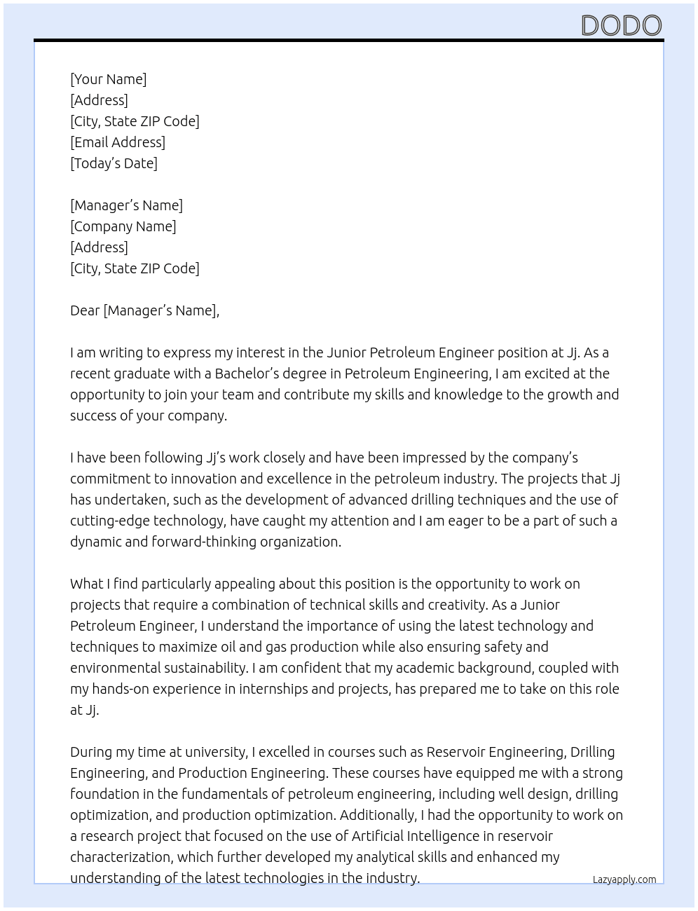 Junior petroleum engineer At Jj Cover Letter