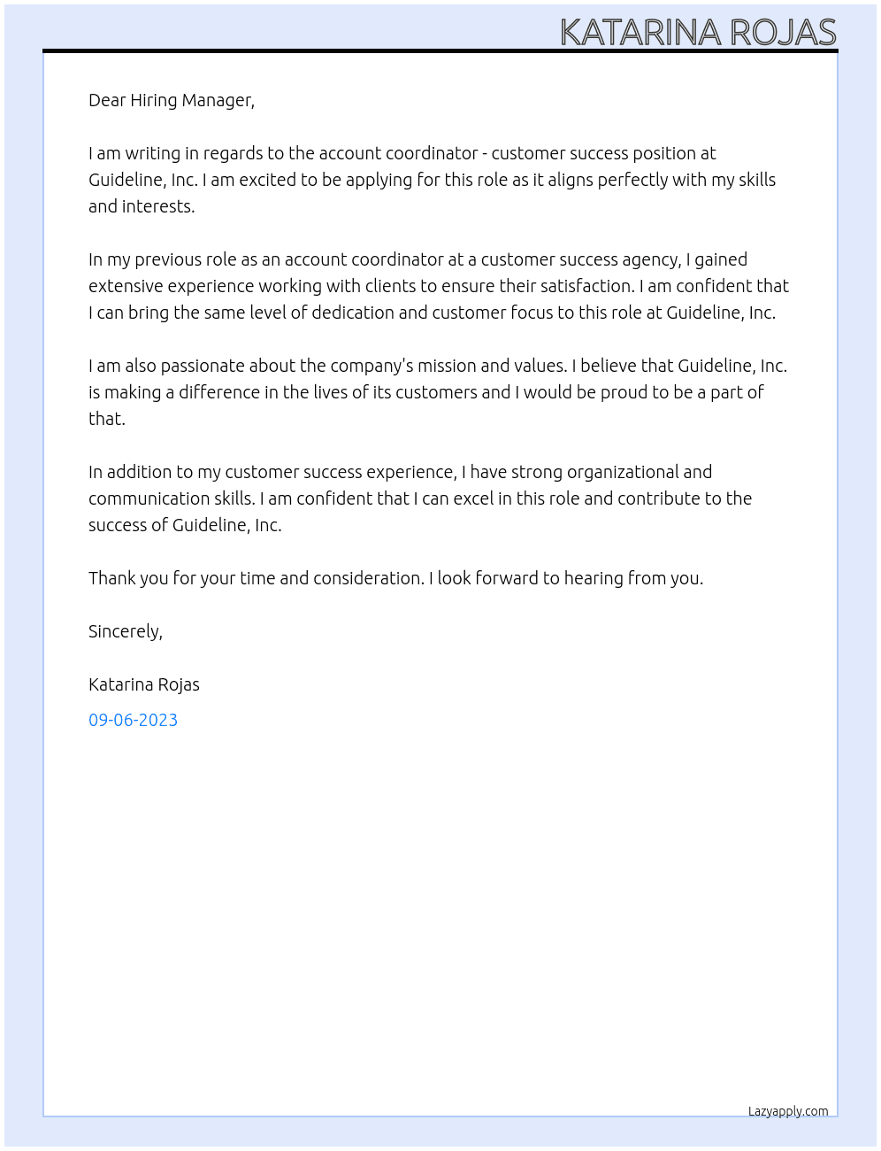 Account Coordinator - Customer Success At Guideline, Inc. Cover Letter