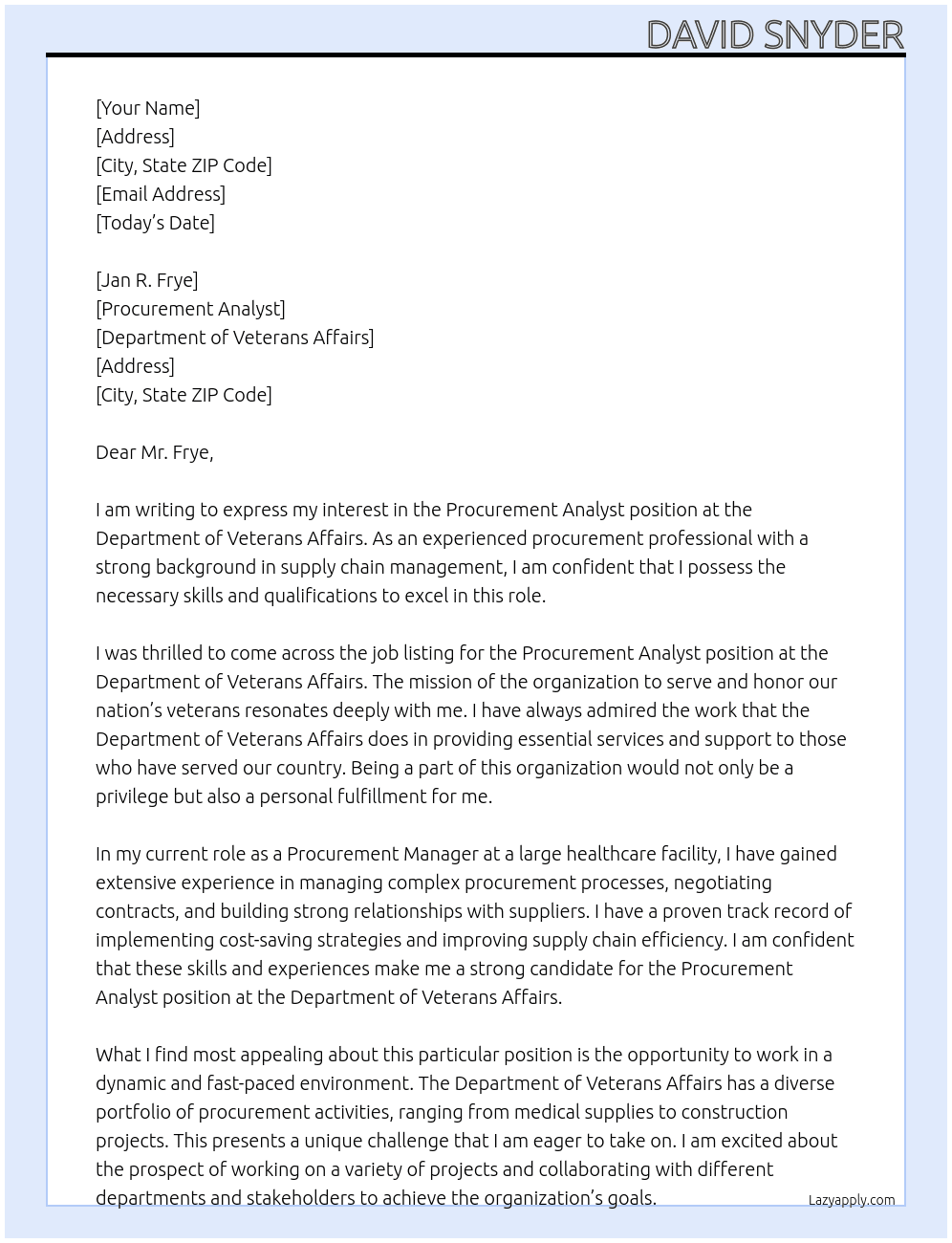 Procurement Analyst At Department of Veterans Affairs Cover Letter