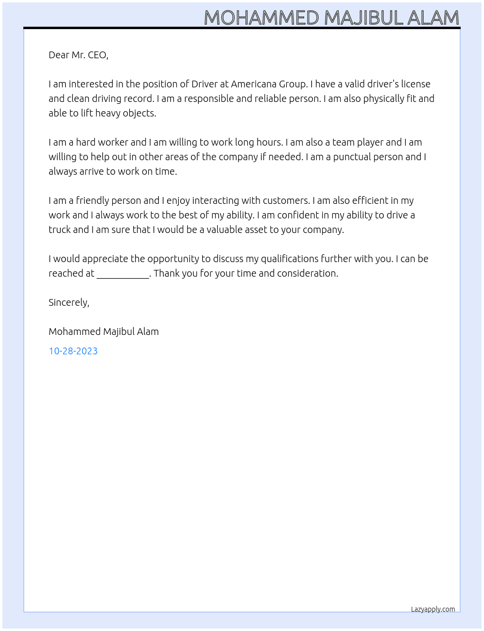 Driver At Americana Group Cover Letter