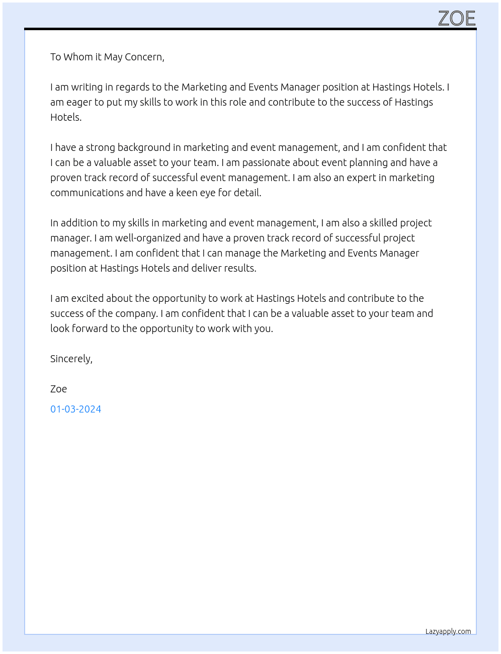 Marketing and Events Manager At Hastings Hotels Cover Letter
