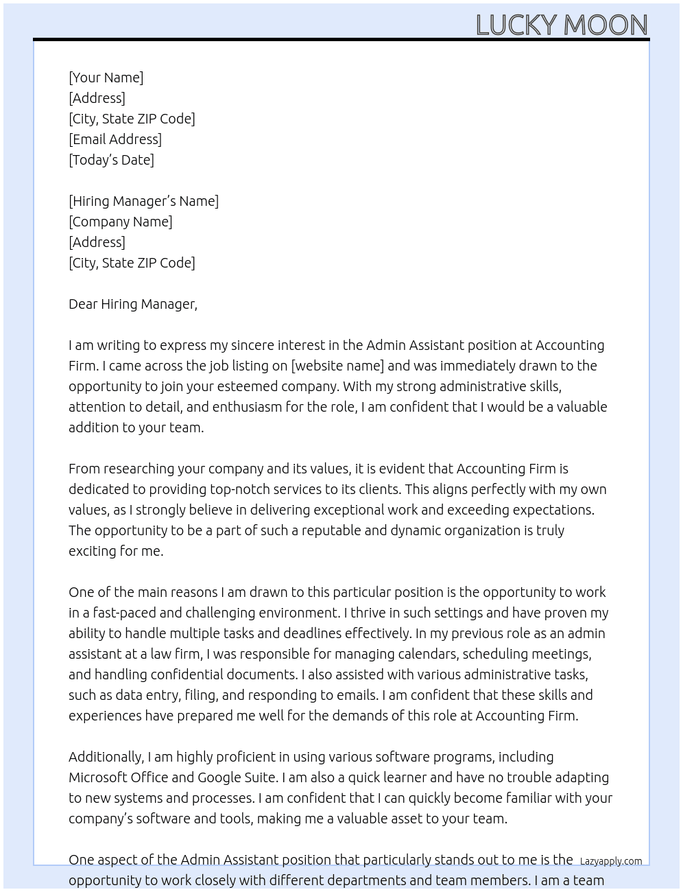 Admin Assistant At Accounting Firm Cover Letter