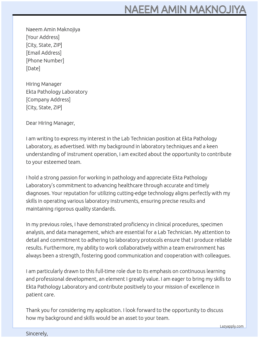 Lab Technician  At Ekta pathology laboratory  Cover Letter