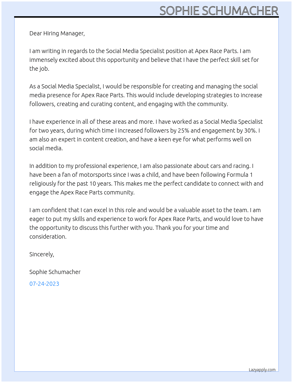 Social Media Specialist At Apex Race Parts  Cover Letter