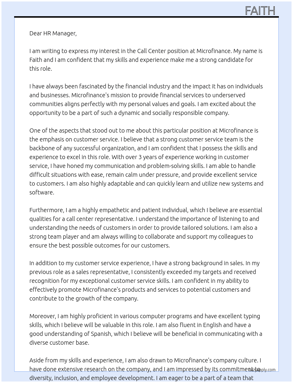 Call center  At Microfinance  Cover Letter
