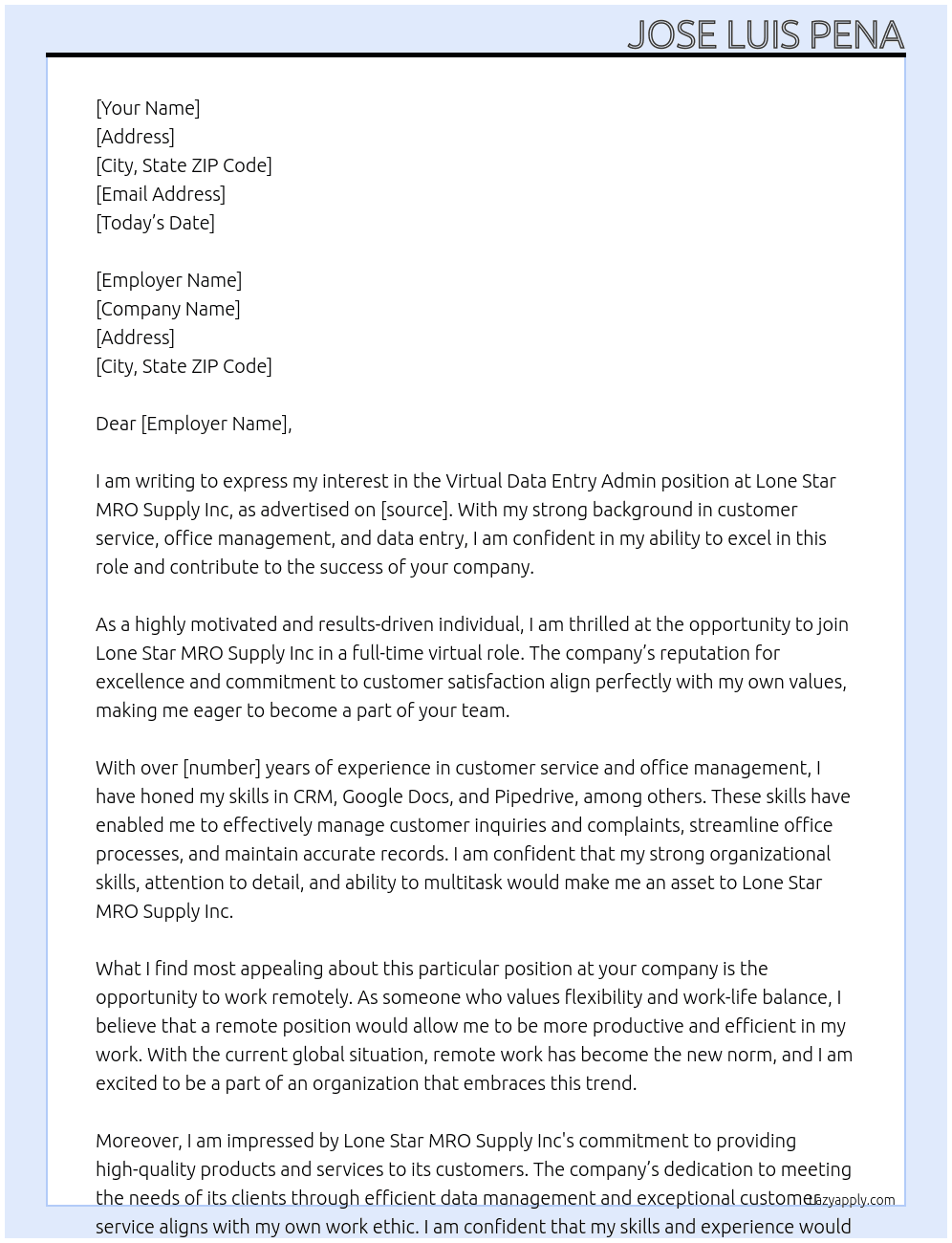 Virtual data entry admin (Remote) At Lone Star MRO Supply Inc Cover Letter
